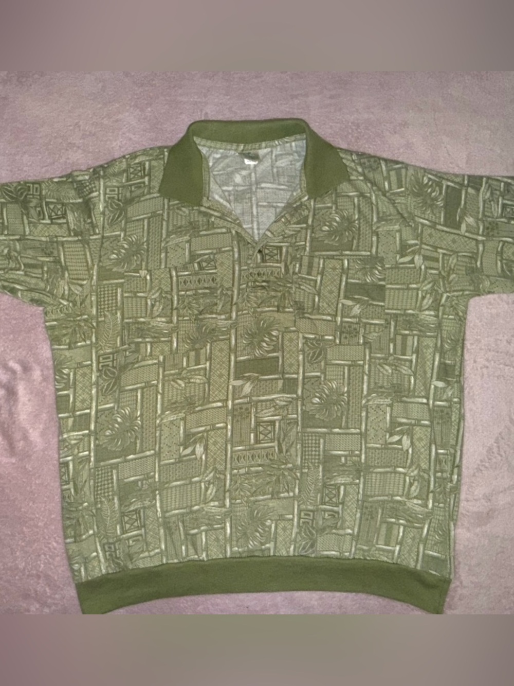 Y2K Haband Olive Green Patterned Short-Sleeve Hawaiian Polo Shirt